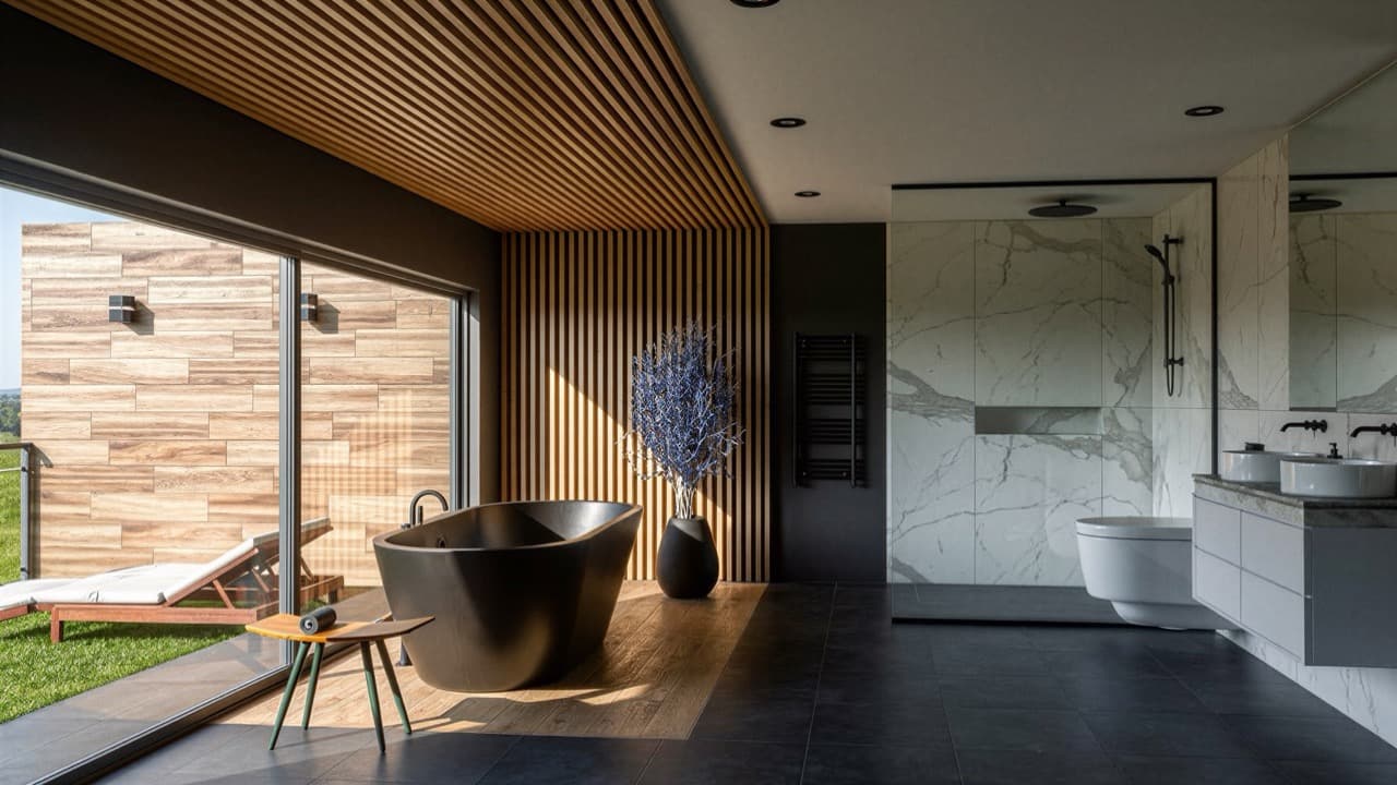 AI rendered bathroom with tile, glass shower, and realistic lighting