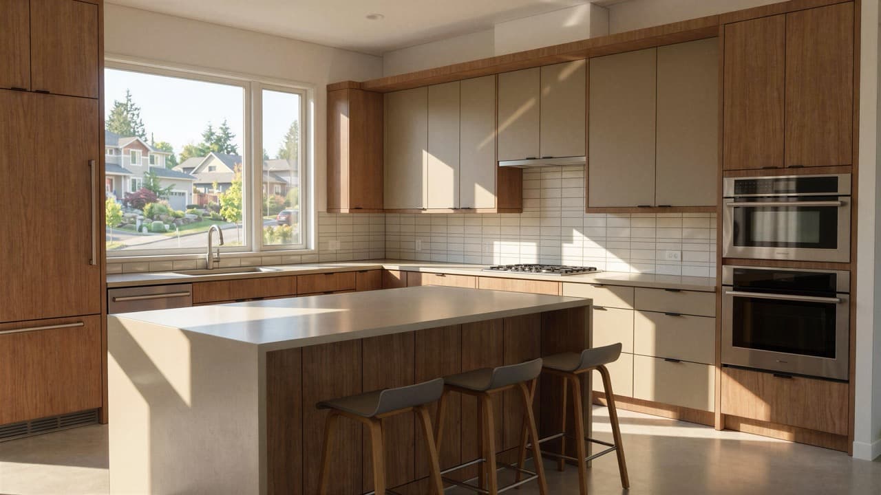 Photorealistic AI rendered kitchen with natural lighting and realistic materials