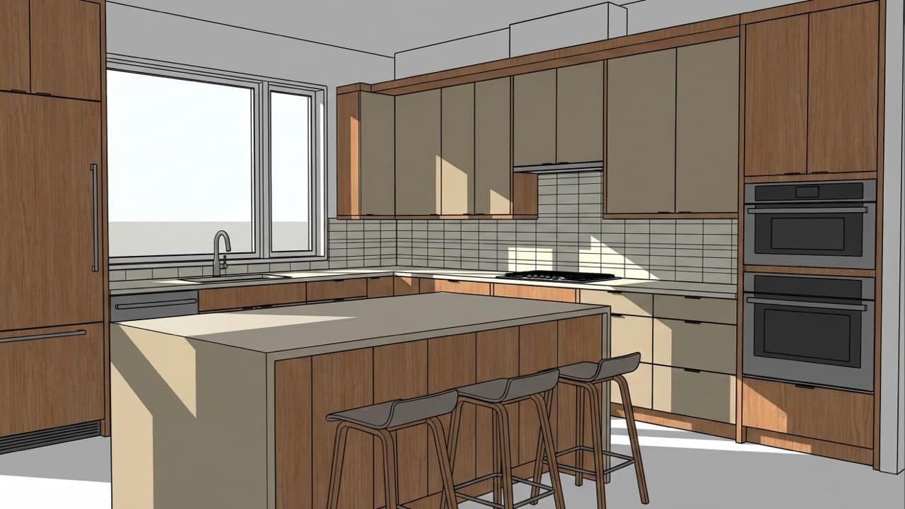 SketchUp 3D wireframe model of a modern kitchen before AI rendering