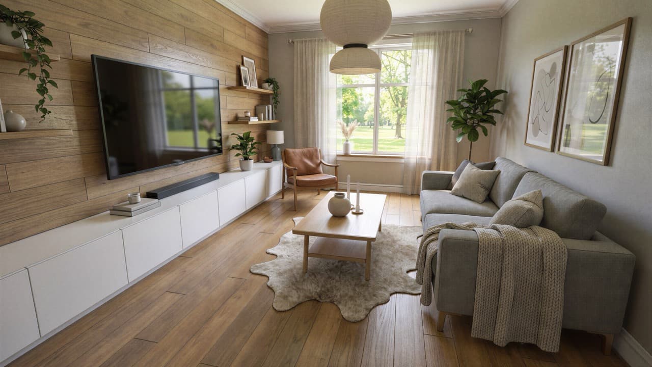Photorealistic AI rendered living room with natural daylight and furnishings