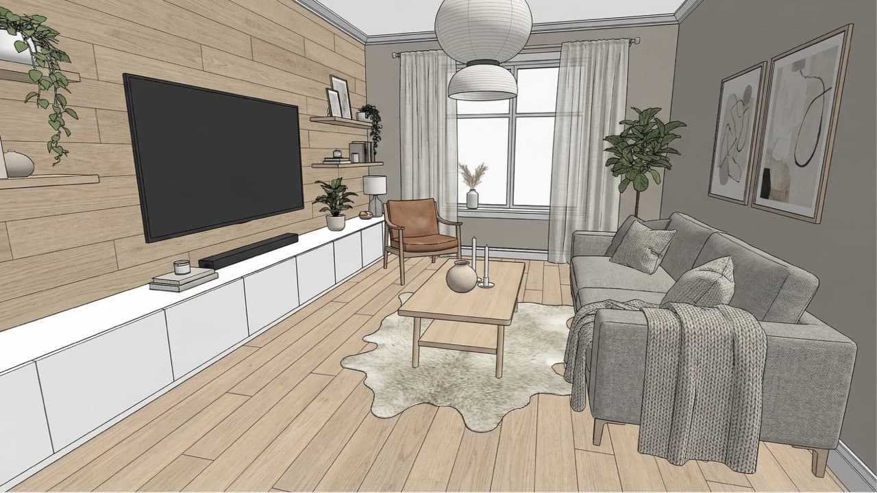 SketchUp 3D model of living room before AI visualization