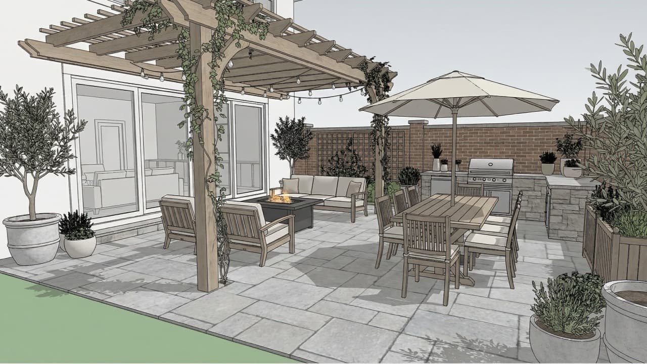 SketchUp model of residential exterior with patio before AI rendering