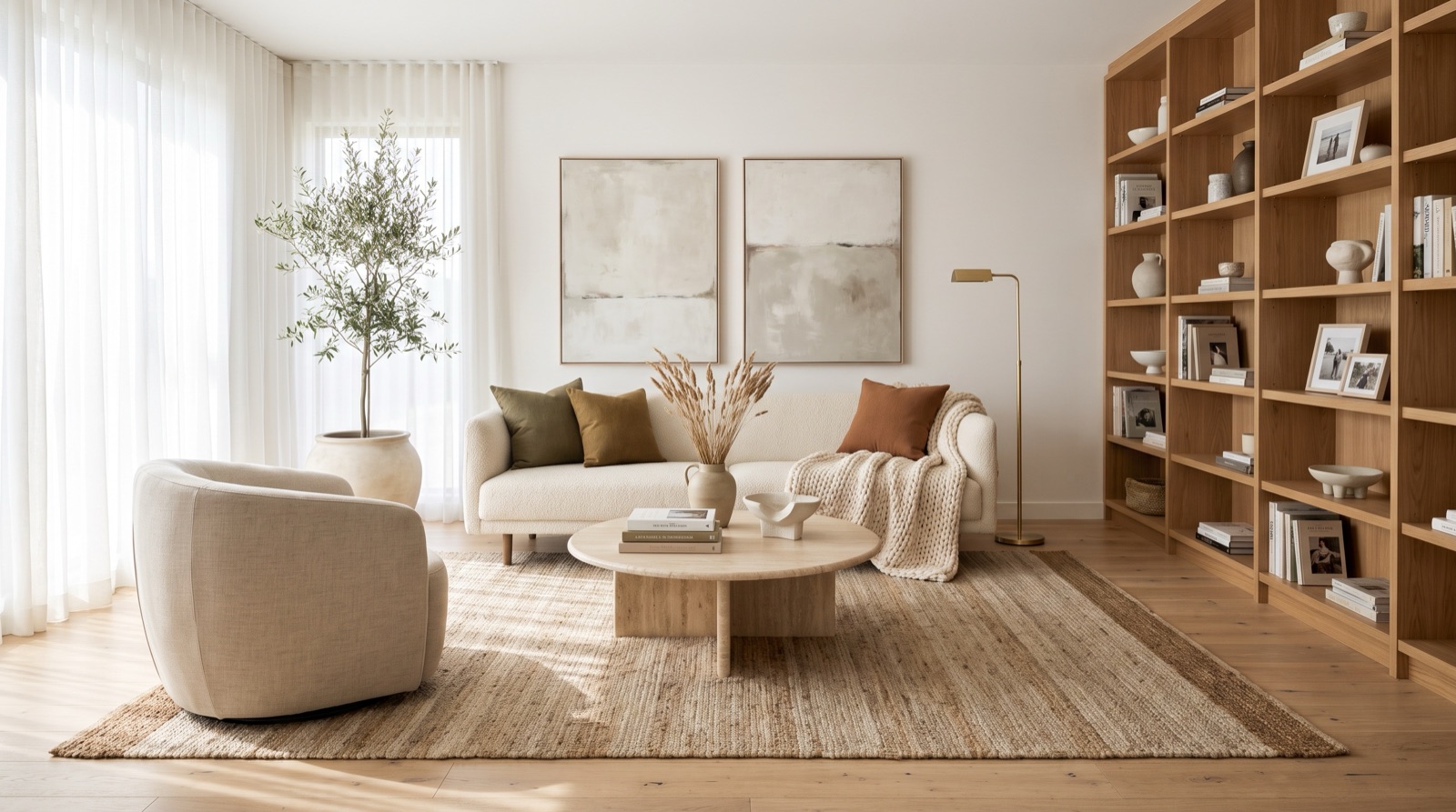 Photorealistic 3D architectural rendering of a bright modern living room with cream bouclé sofa and travertine coffee table, produced in about 60 seconds