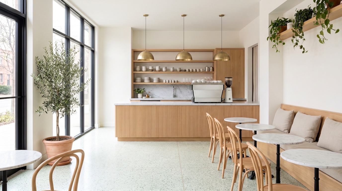 Photorealistic AI interior visualization of a bright boutique café with fluted oak counter and brass pendant lights — commercial interior design mockup