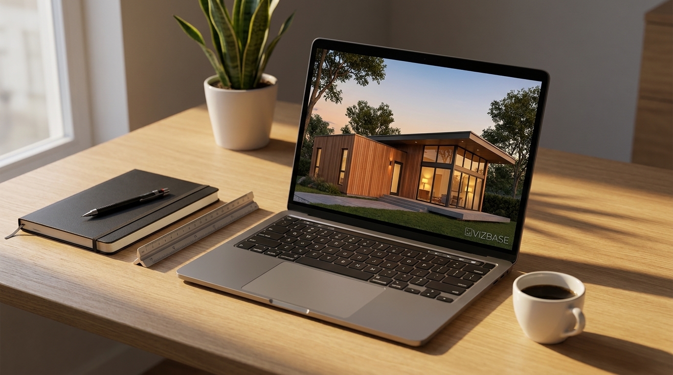 Contemporary architectural render on a laptop in a minimalist architect's workspace — Lumion alternatives 2026 hero image