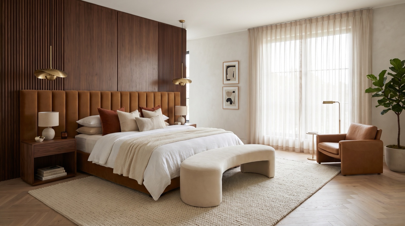Luxury modern bedroom interior design visualization — fluted walnut paneling, caramel velvet headboard, venetian plaster walls, herringbone oak floor