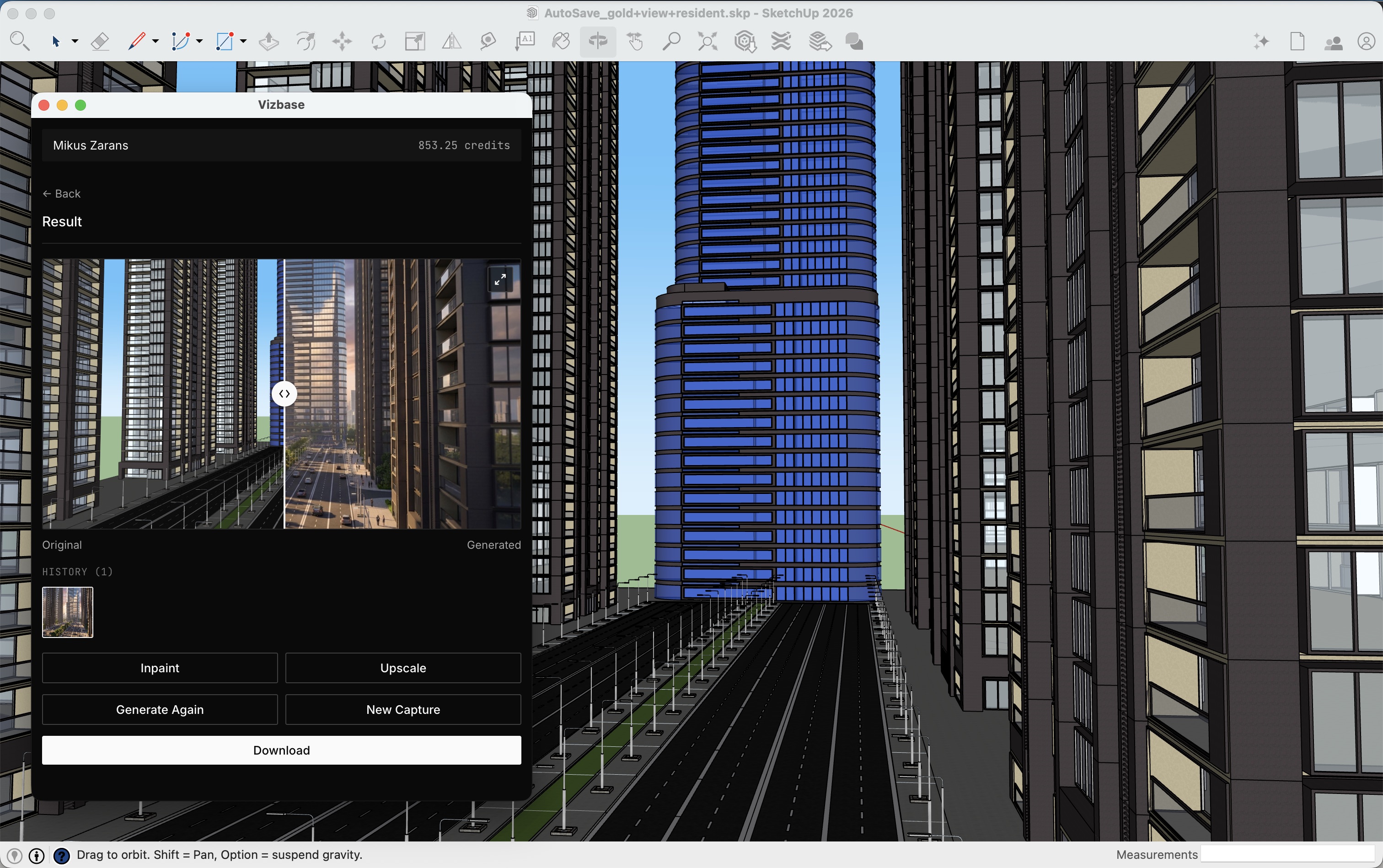 Vizbase SketchUp plugin generating an urban exterior render of a high-rise architectural visualization inside SketchUp 2026 — Original SketchUp view on the left of the panel, Generated photorealistic render on the right