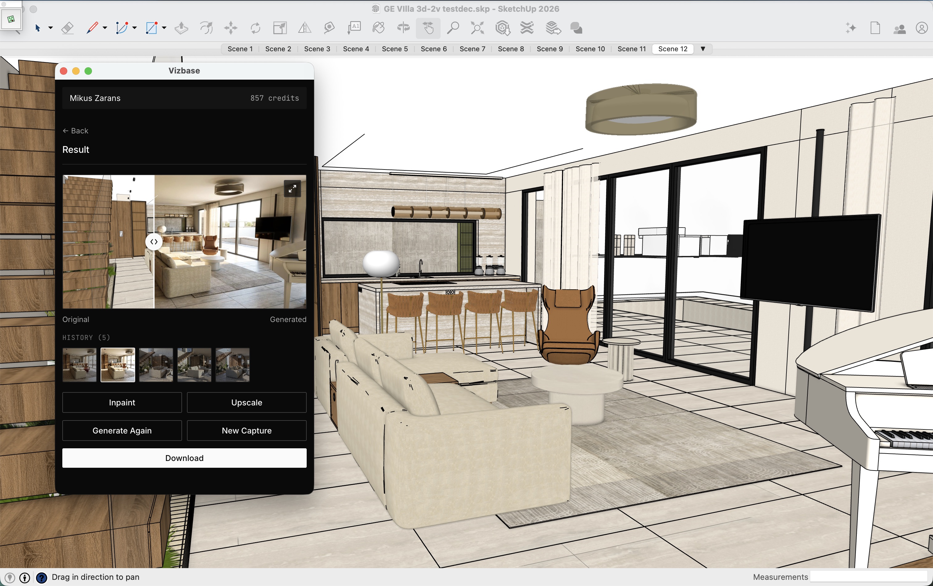 Vizbase SketchUp plugin generating a photorealistic interior render of a modern living room and kitchen inside SketchUp 2026 — Original view on the left of the panel, Generated render on the right