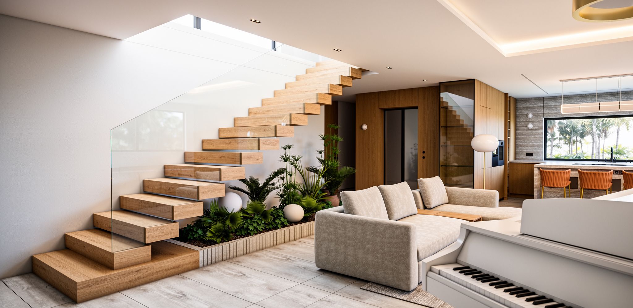 Photorealistic AI rendered modern living room with natural lighting