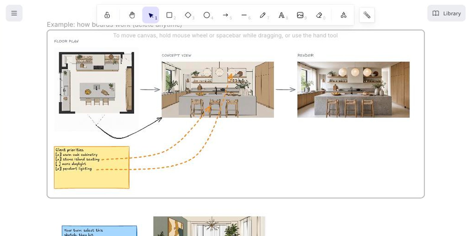 A VizBase board with plans, concept views, renders, and notes on one canvas
