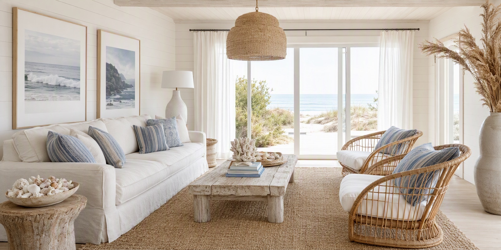 Photorealistic coastal living room render with ocean view, linen textures, and bright natural light