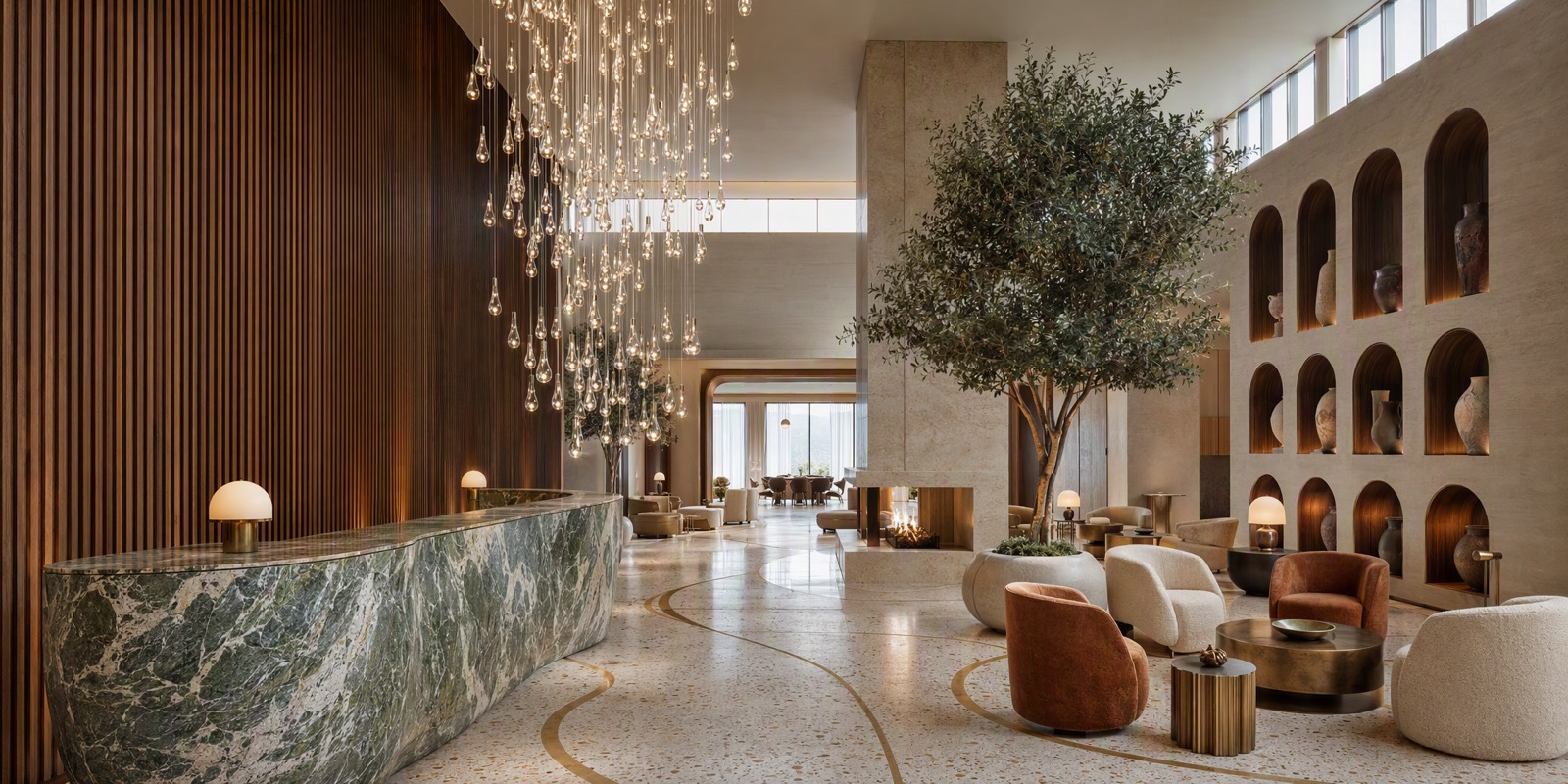 Photorealistic hotel lobby render with double-height ceiling, warm wood paneling, and daylight