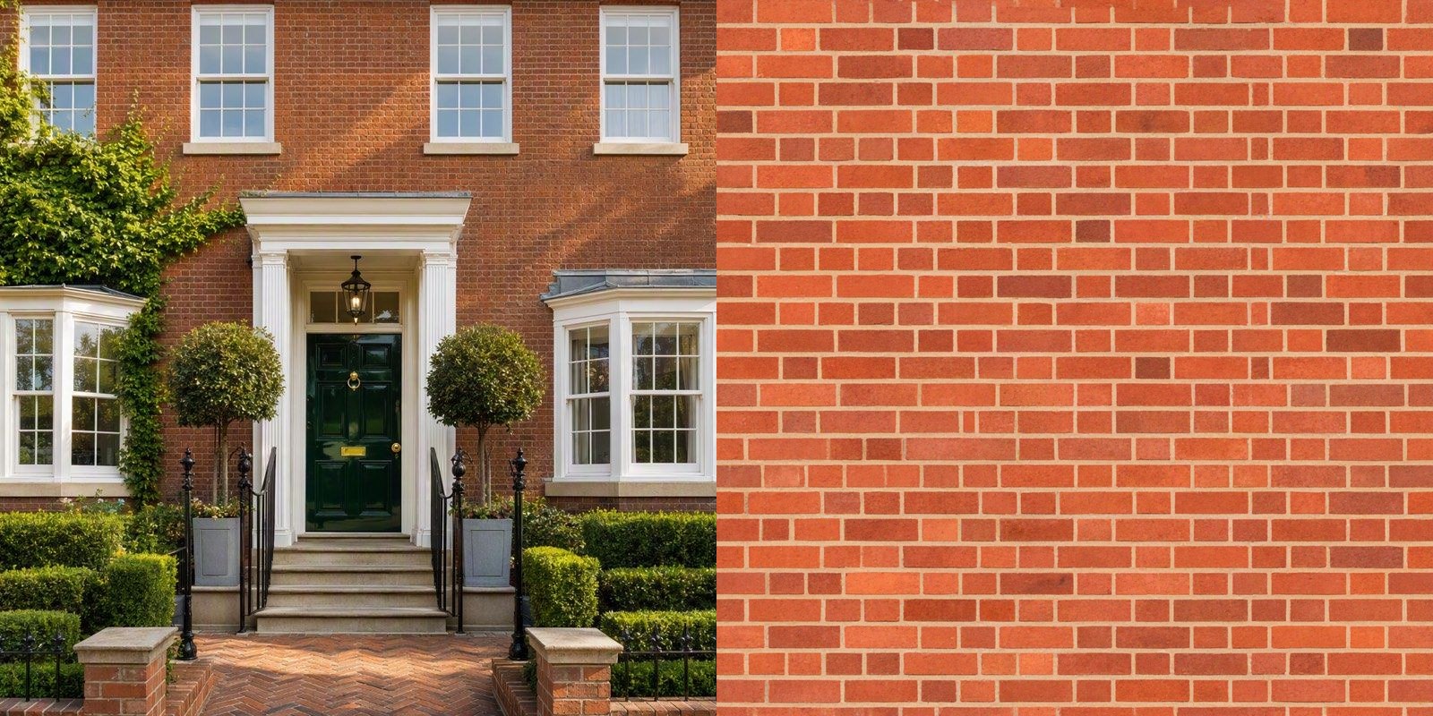 A brick townhouse photo beside the seamless brick material extracted from it