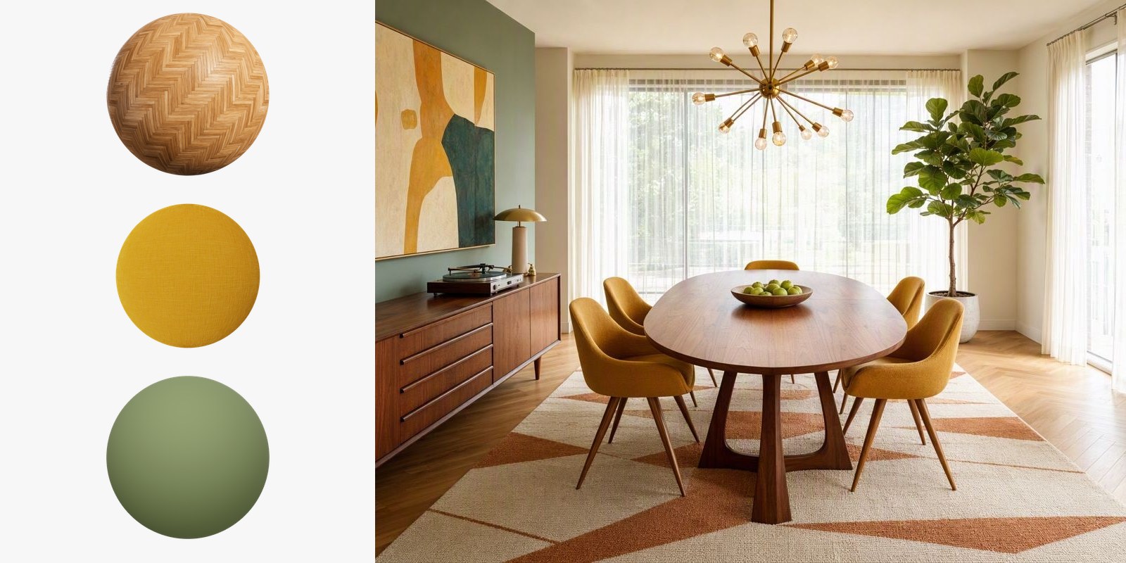 Warm oak herringbone flooring, marigold yellow linen, and moss green paint spheres from the VizBase library beside a rendered mid-century dining room