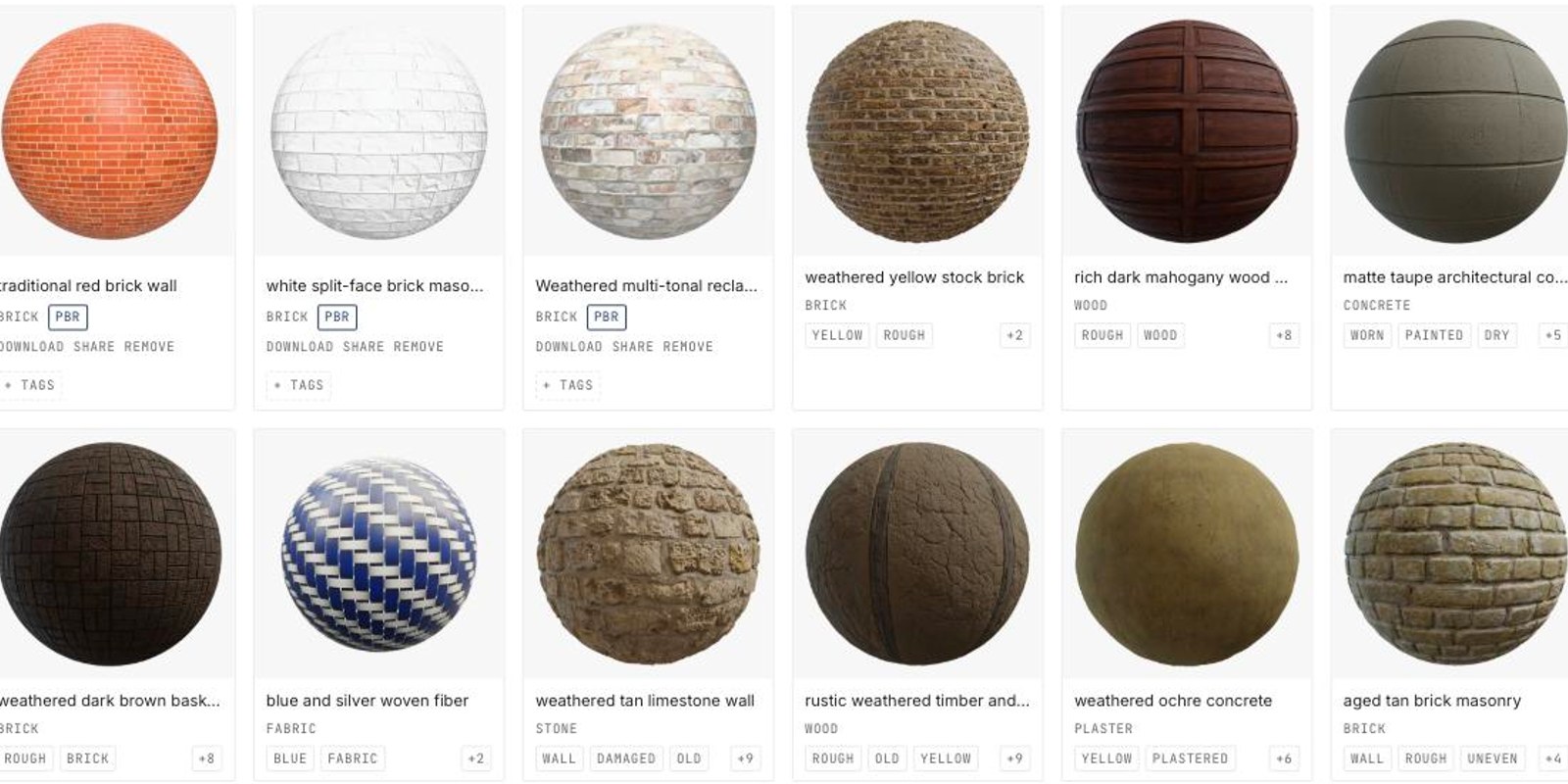 The VizBase materials library with rendered material spheres across categories
