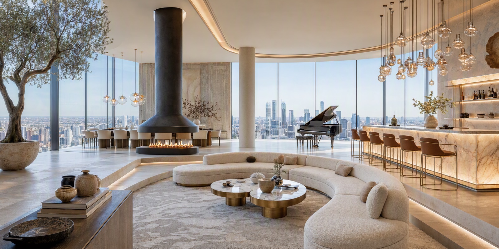 Photorealistic penthouse living room render with panoramic glazing and a bright, airy interior